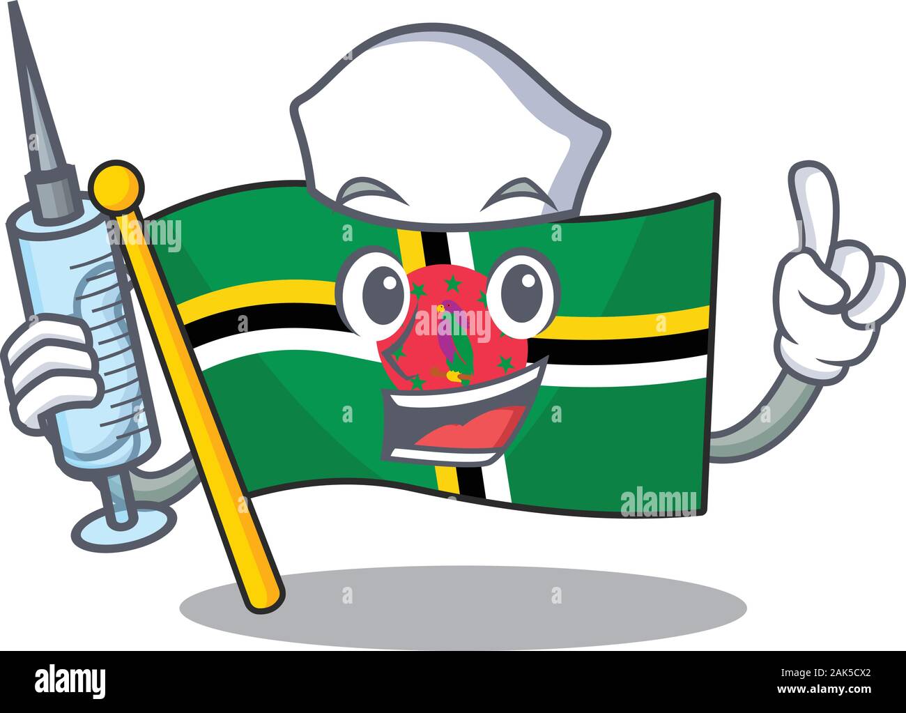 Smiley bandiera infermiere dominica personaggio dei fumetti con una siringa Illustrazione Vettoriale