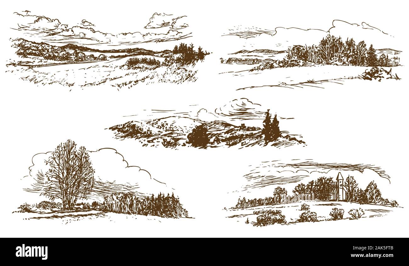 Paesaggio di campagna, set disegnati a mano illustrazioni, disegno su sfondo bianco (vector) Illustrazione Vettoriale