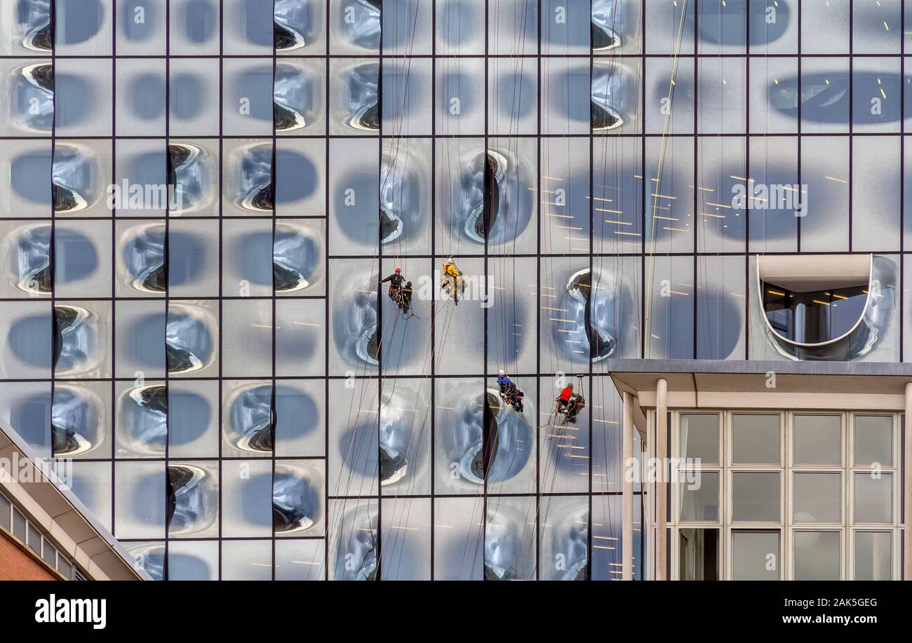 Detergenti per finestre in corrispondenza della facciata Elbphilharmonie di Amburgo, Germania Foto Stock