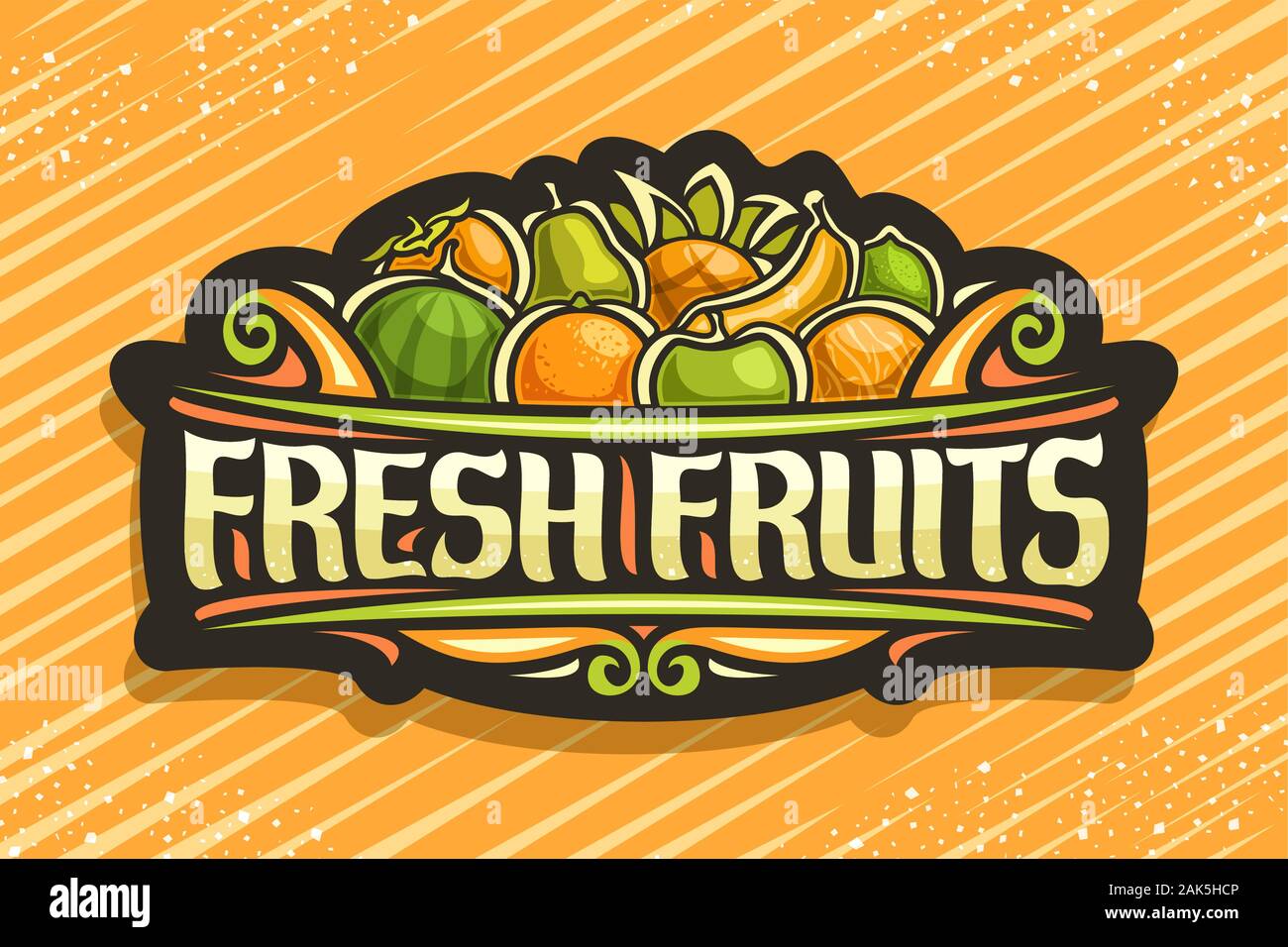 Il logo del vettore per frutti freschi, segno nero con illustrazione del mucchio cartoon frutti e fiorisce decorativo, spazzola tipografico per parole di frutta fresca, si Illustrazione Vettoriale