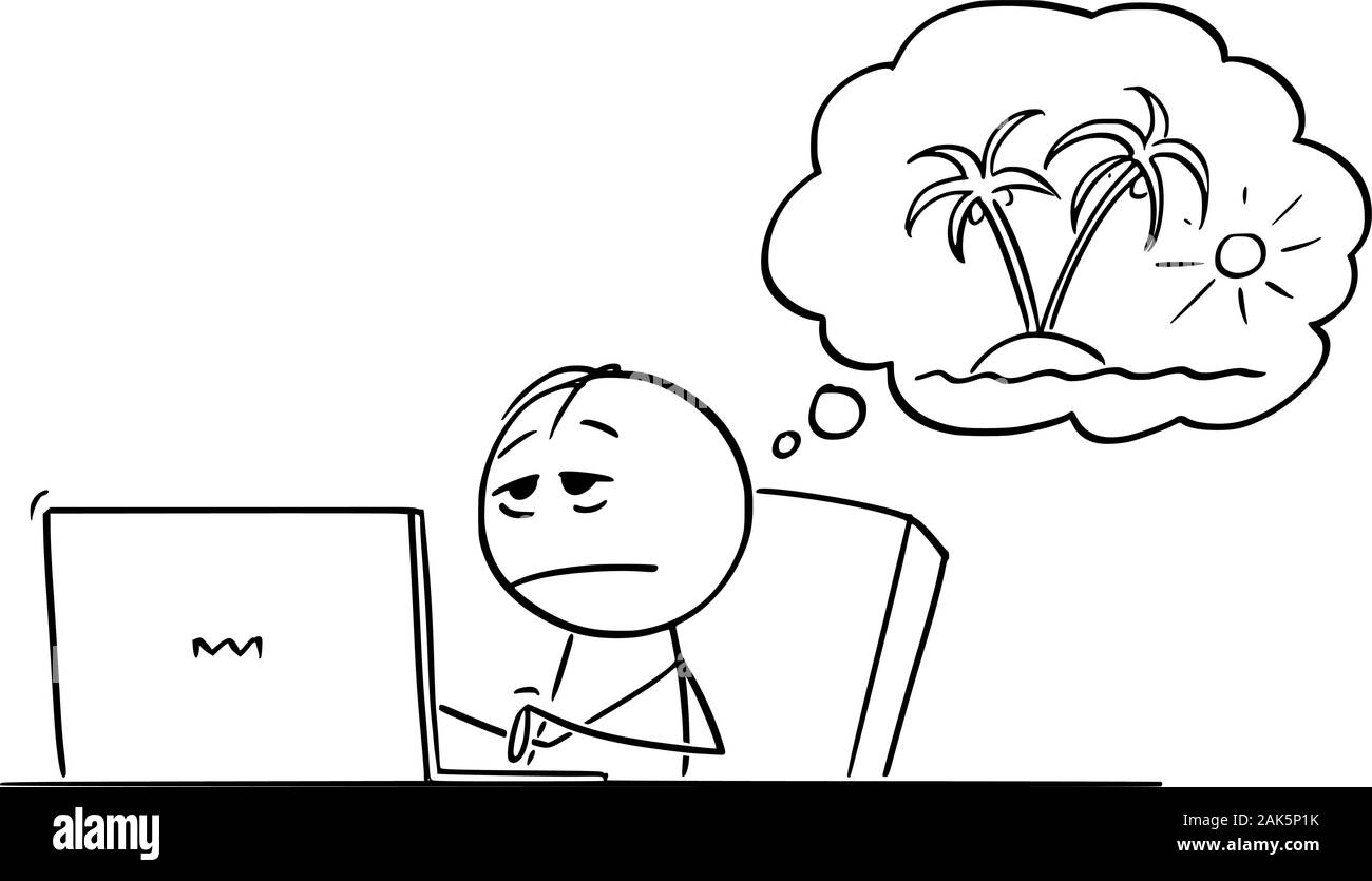Vector cartoon stick figura disegno illustrazione concettuale di stanca, ha sottolineato o oberati di lavoro uomo o imprenditore lavora su computer e sognare vacanza sull'isola tropicale. Illustrazione Vettoriale