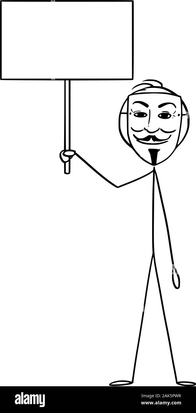 Vector cartoon stick figura disegno illustrazione concettuale dell uomo nella maschera di Guy Fawkes tenendo premuto segno di vuoto. L'anonimato o il concetto di libertà. Illustrazione Vettoriale