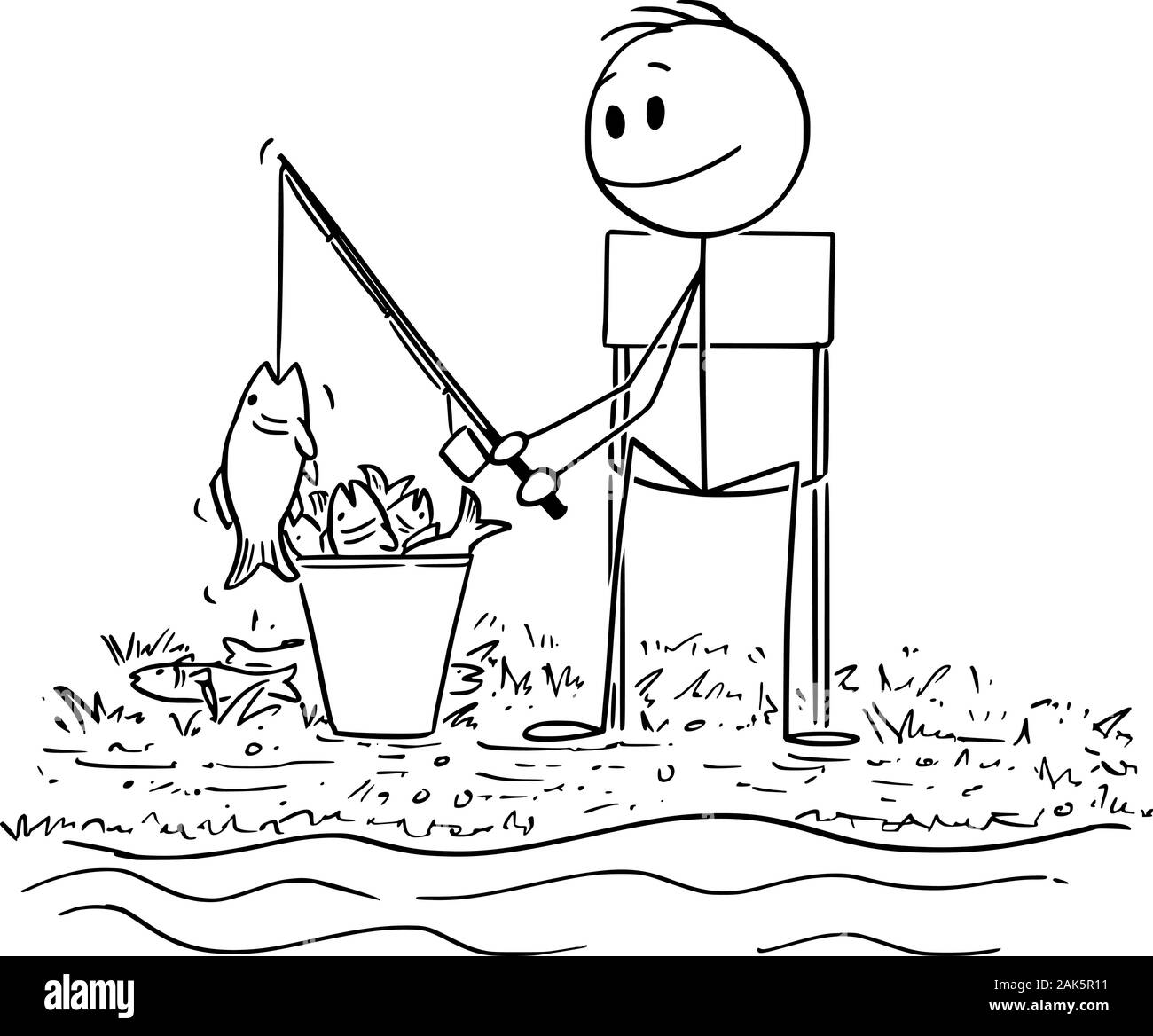 Vector cartoon stick figura disegno illustrazione concettuale del pescatore di successo o un uomo con asta di pesce di pesca sul lago o fiume. Il posizionamento di un sacco di cattura la benna. Illustrazione Vettoriale