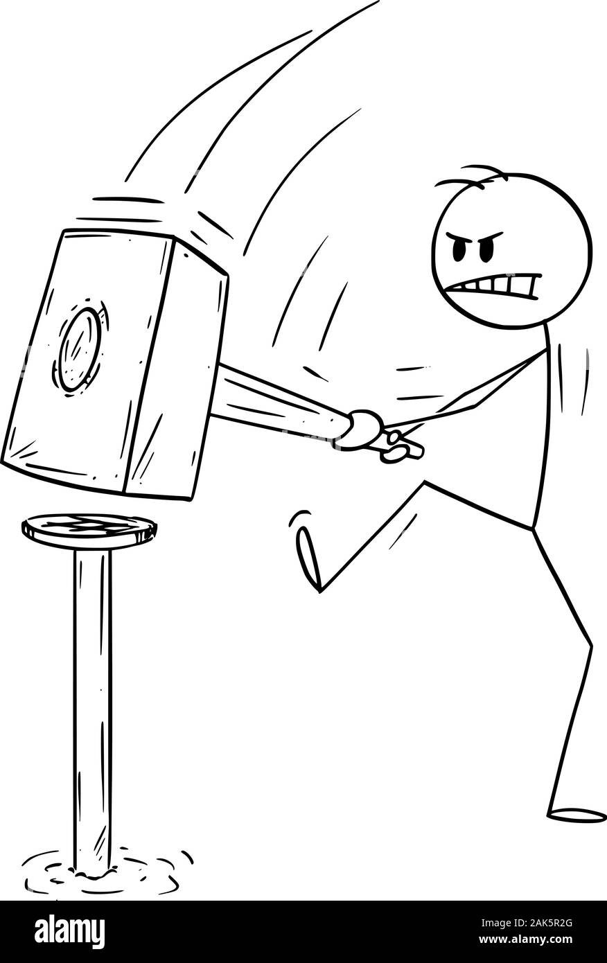 Vector cartoon stick figura disegno illustrazione concettuale dell'uomo o lavoratore o falegname con grande martello colpisce il chiodo. Divertente immagine. Illustrazione Vettoriale