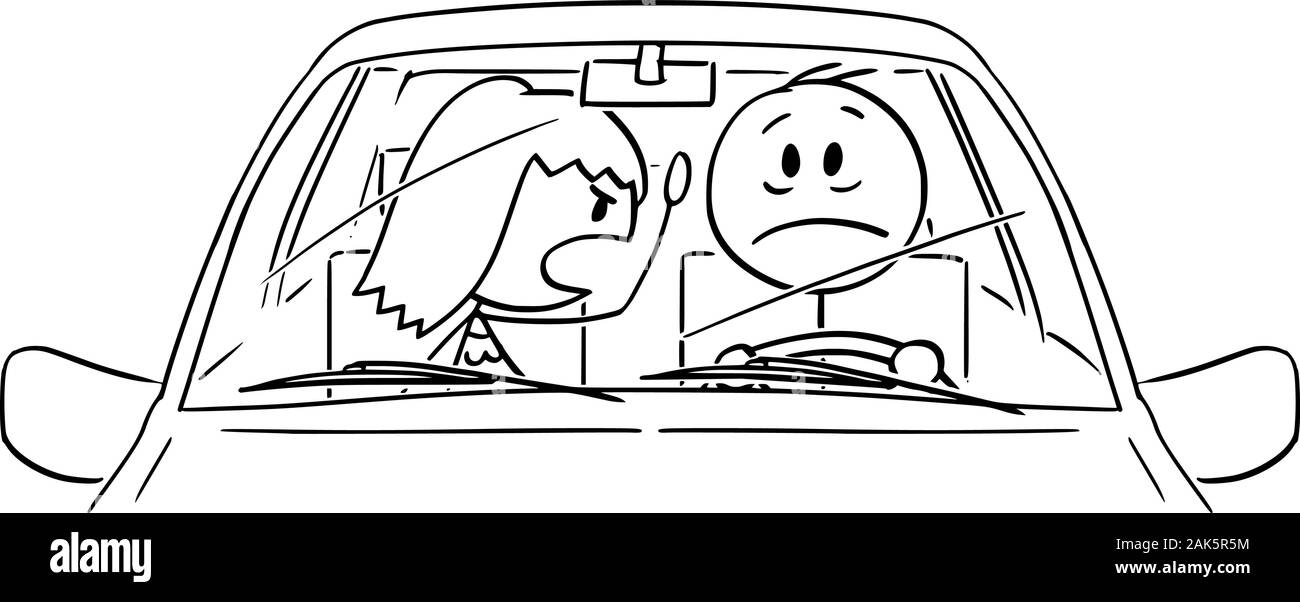 Vector cartoon stick figura disegno di stanco, infelice e triste o ha sottolineato l uomo o il conducente alla guida di una vettura, mentre sua moglie o donna del sedile passeggero si grida a lui. Illustrazione Vettoriale