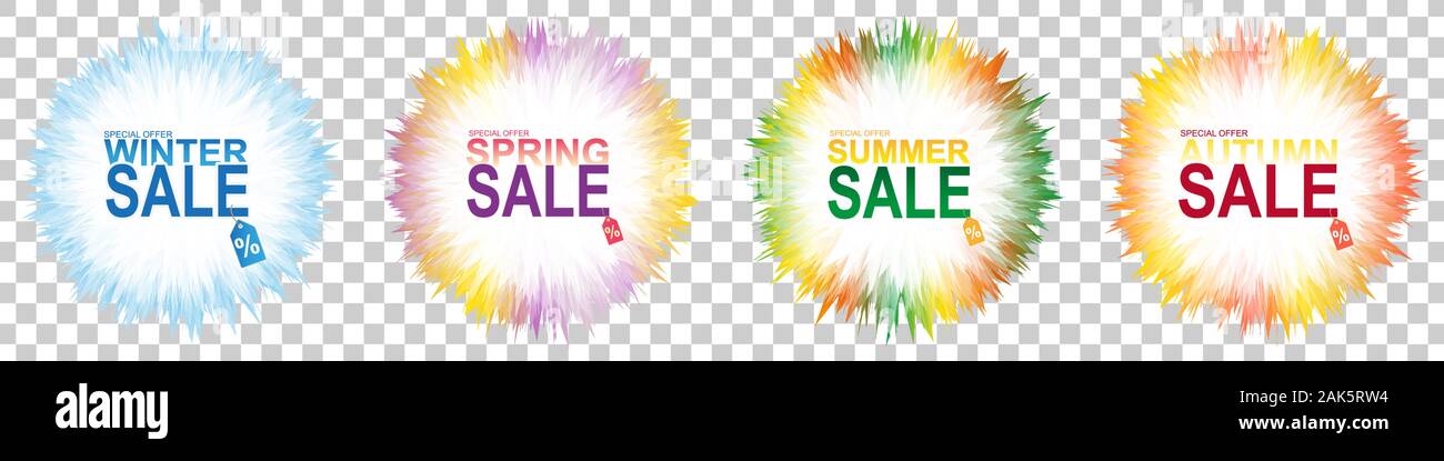 Quattro stagioni di vendita set di banner su sfondo trasparente. Inverno, Primavera, estate, autunno vettore set di banner. Illustrazione Vettoriale