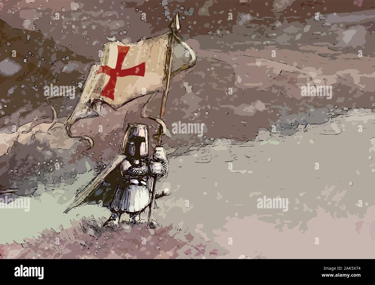 Templar - white knight permanente sulla collina e azienda banner con croce dei Templari, cielo nuvoloso e nevicava - cartoon divertente illustrazione Illustrazione Vettoriale