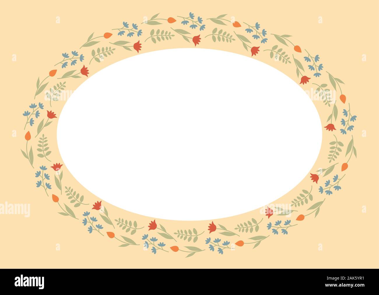 Modello decorativo con ovale ornamento floreale. Ellittica cornice floreale con fiori selvaggi e tulipani. Illustrazione vettoriale EPS10 Illustrazione Vettoriale