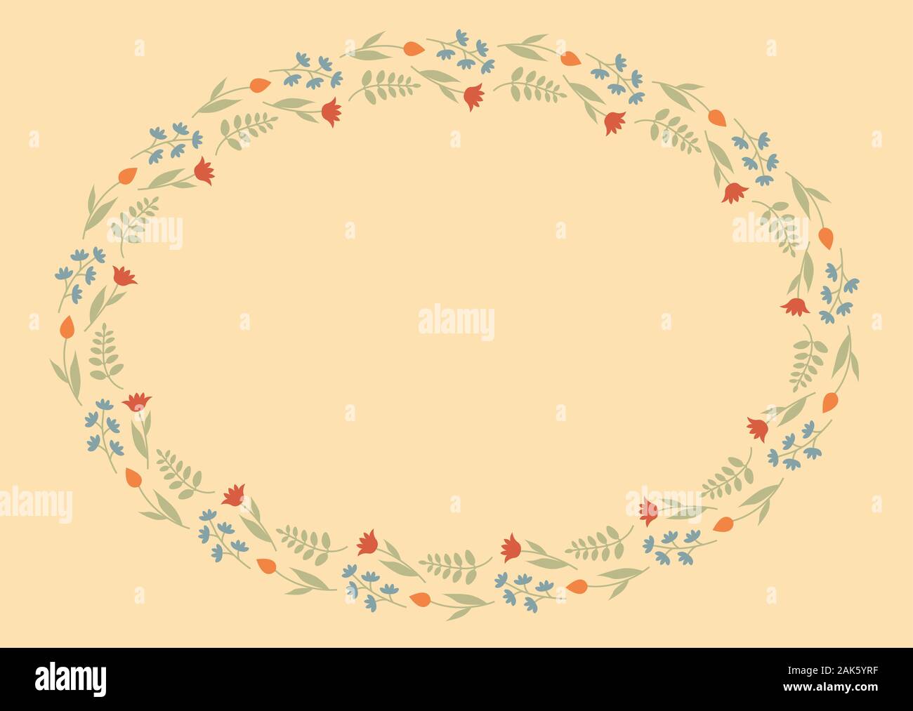 Modello decorativo con ovale ornamento floreale. Ellittica cornice floreale con fiori selvaggi e tulipani. Illustrazione vettoriale EPS10 Illustrazione Vettoriale