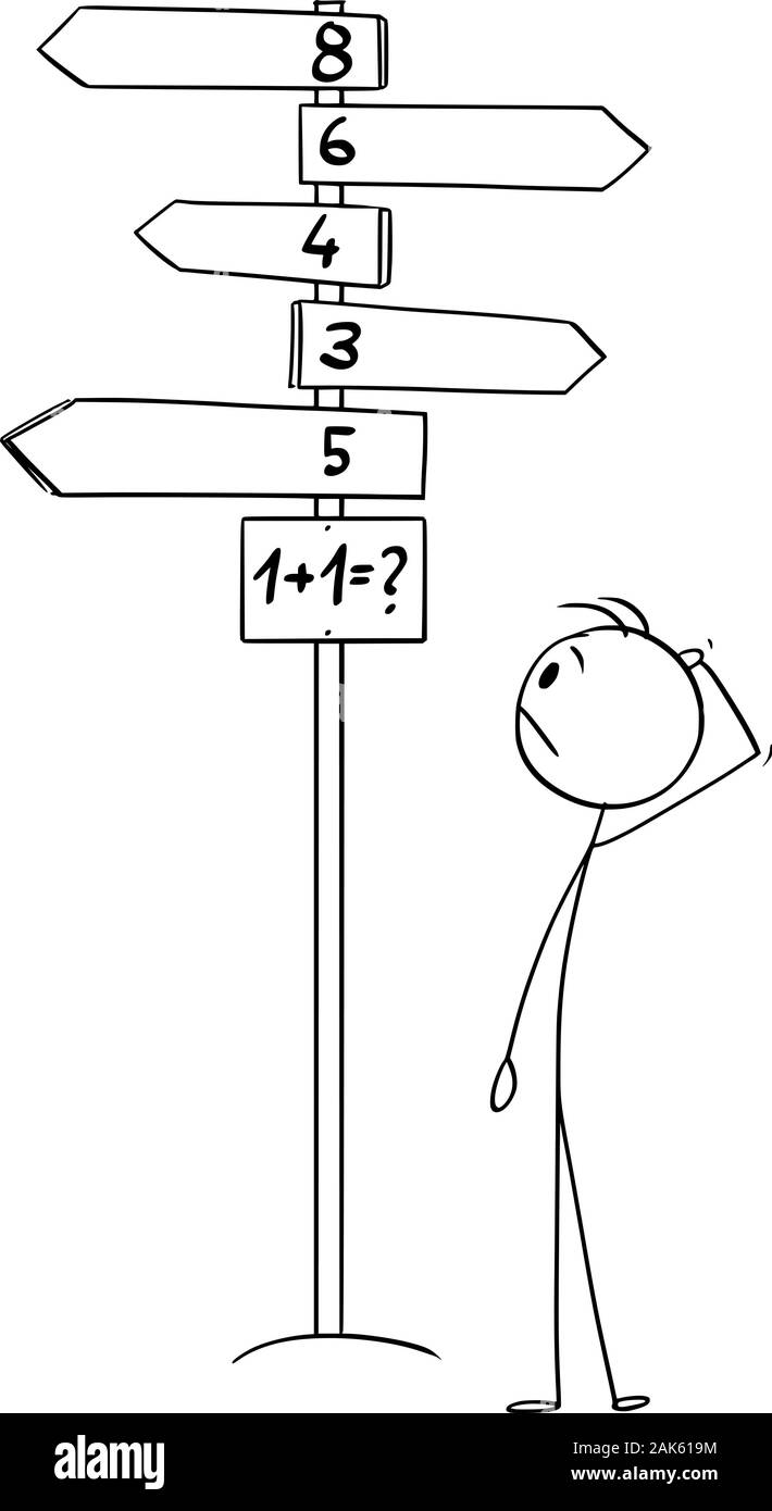 Vector cartoon stick disegno di figura di uomo in piedi sulla decisione crocevia e cercando di risolvere 1 plus 1 o uno più uno di calcolo, ma non è corretto o è una buona soluzione. Illustrazione Vettoriale