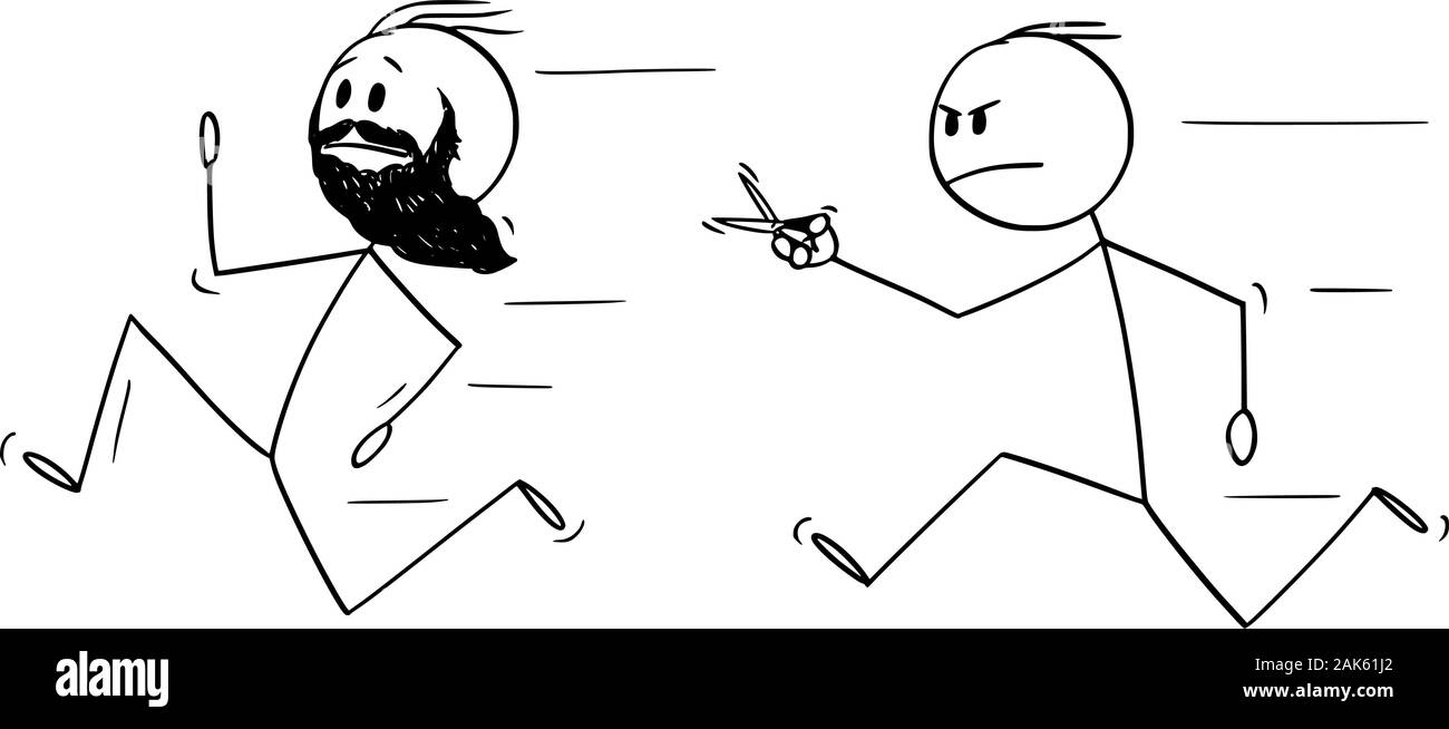 Vector cartoon stick figura disegno illustrazione concettuale del barbuto hipster uomo con barba folta di scappare da arrabbiato barbiere con le forbici. Illustrazione Vettoriale