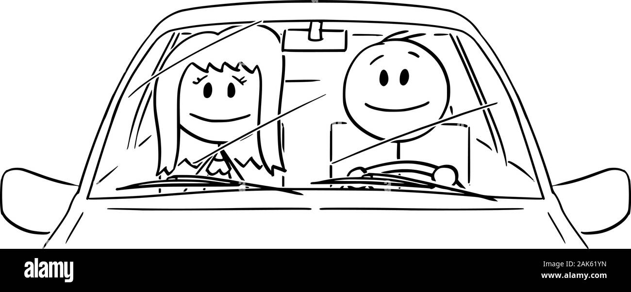 Vector cartoon stick figura disegno illustrazione concettuale di felice uomo sorridente o driver godendo di guida di un'auto. Vista frontale. Illustrazione Vettoriale