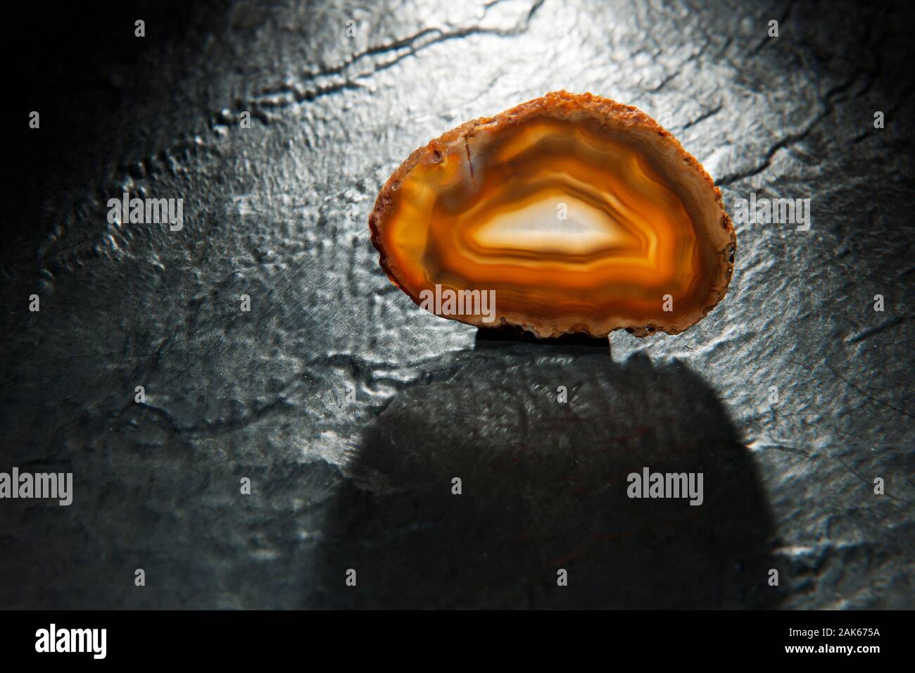 Studio shot di un sottile strato lucido di un agate marrone con grano nastrati giacente su un retroilluminato in ardesia. Foto Stock