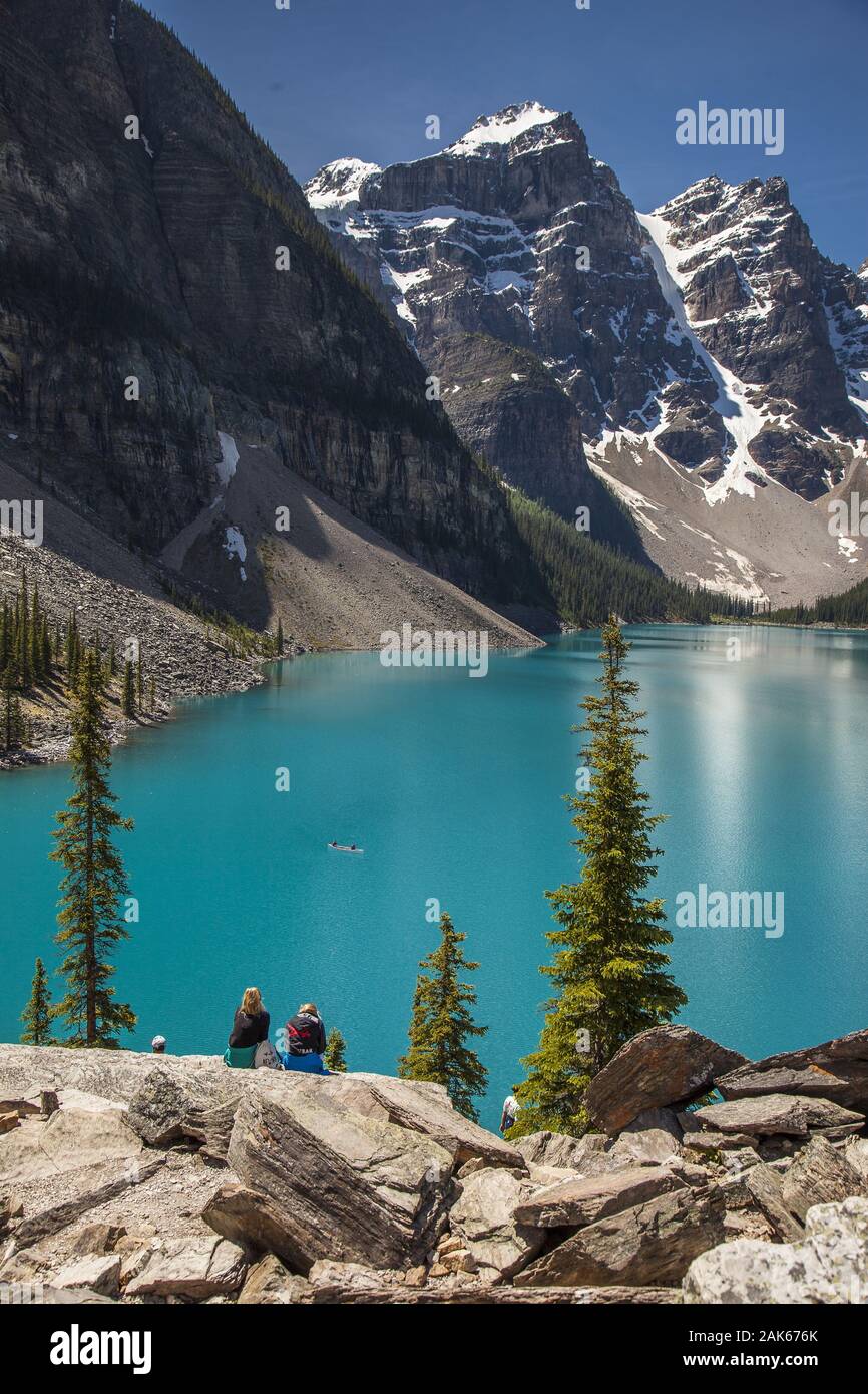 Alberta/Banff Nationalpark: Morraine Lago, Gletschersee im Valle dei Dieci Picchi, Kanada Westen | Utilizzo di tutto il mondo Foto Stock