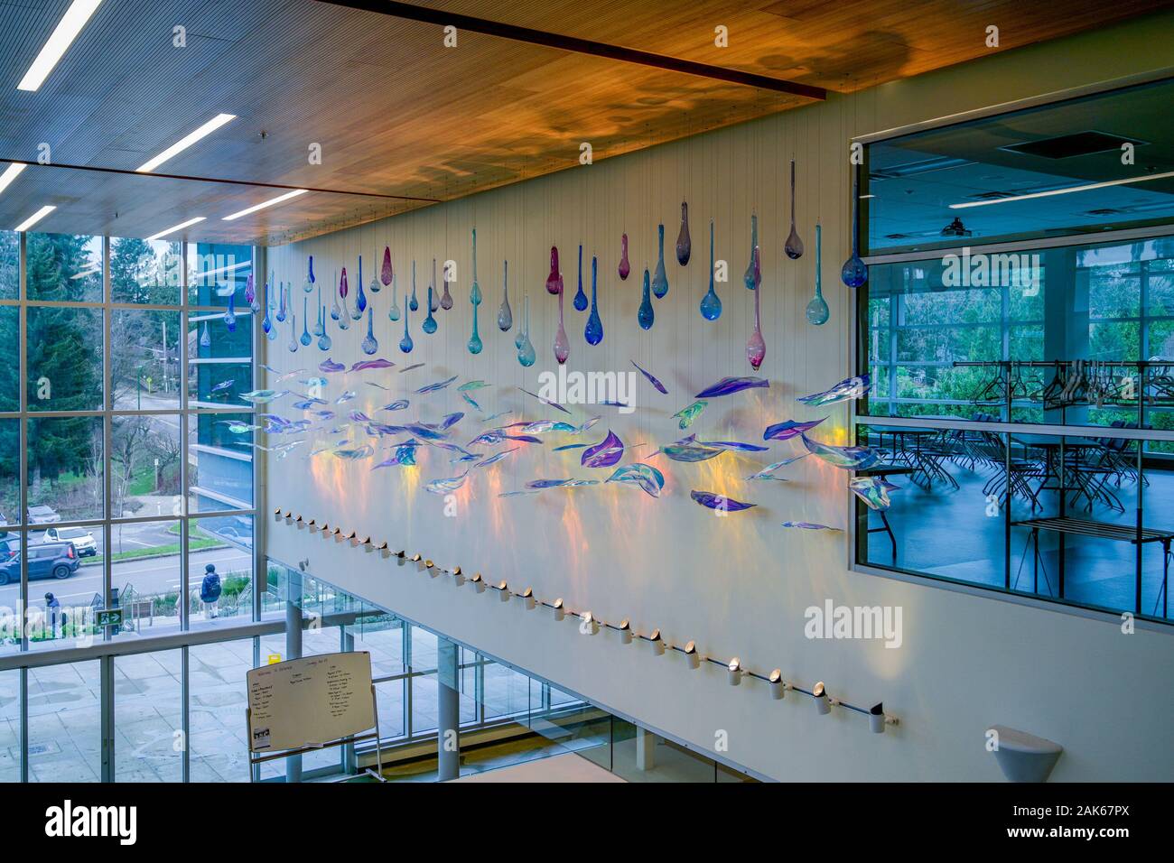 Installazione d arte da Michele Gutlove, idrosfera, vetro soffiato, scultura, Delbrook Comunità centro ricreativo, North Vancouver, British Columbia, C Foto Stock
