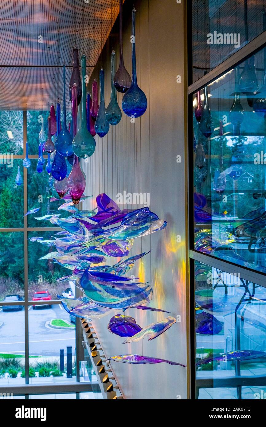 Installazione d arte da Michele Gutlove, idrosfera, vetro soffiato, scultura, Delbrook Comunità centro ricreativo, North Vancouver, British Columbia, C Foto Stock