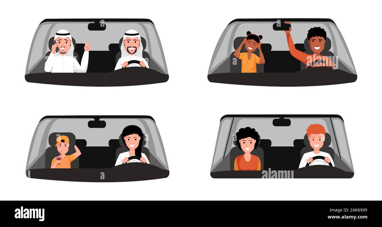 Chi guida auto illustrazioni vettoriali set. Uomo arabo di indossare abbigliamento tradizionale seduta al sedile anteriore di automobile. Coppia sposata, la madre e il figlio, afro american padre con la figlia Illustrazione Vettoriale