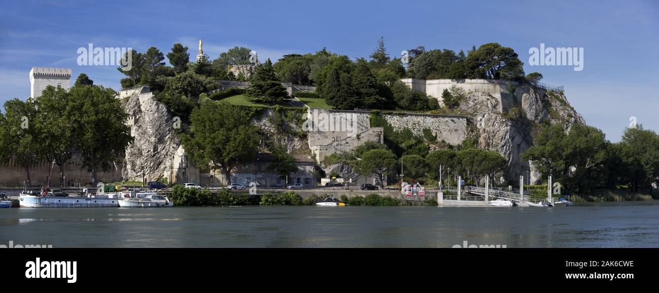 Avignone: Blick ueber die Rhone auf den Felsvorsprung Rocher des Doms, Provenza | Utilizzo di tutto il mondo Foto Stock