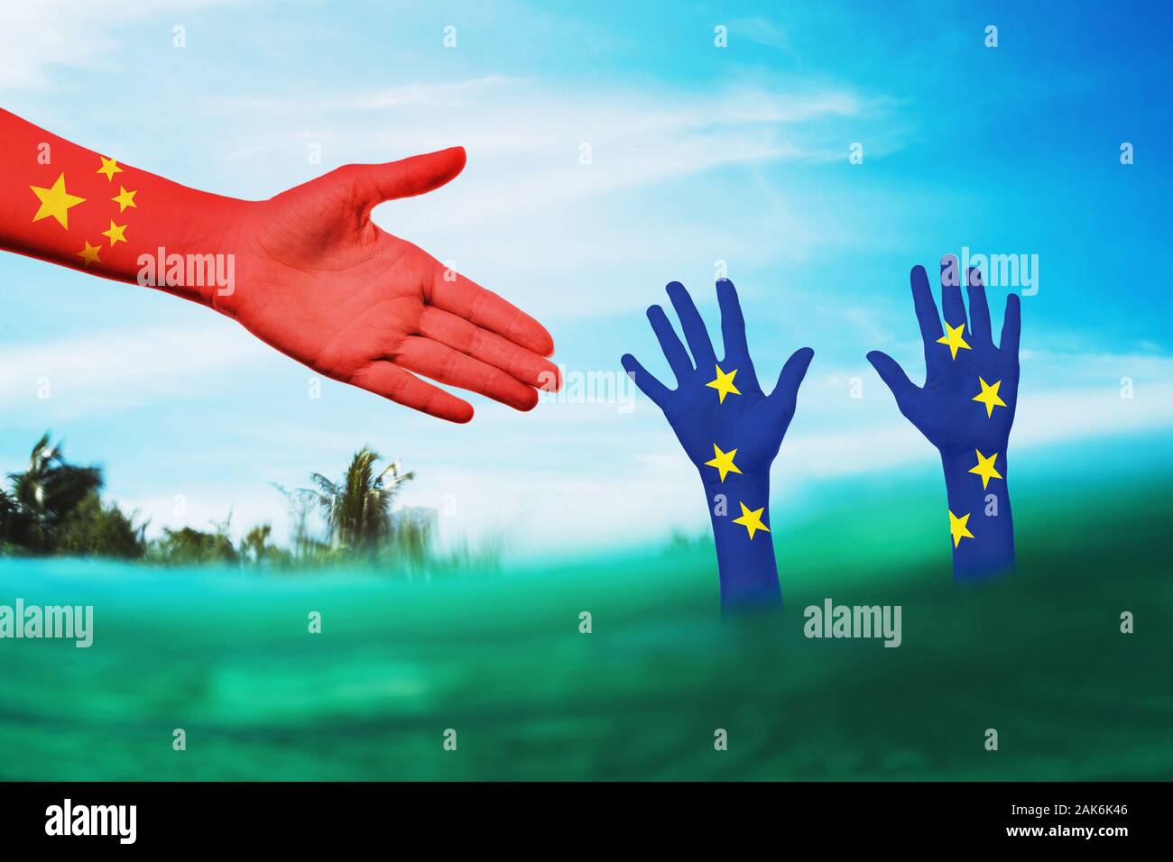 Concetto di aiutare l'Unione europea dai colleghi cinesi in una situazione difficile. Relazioni internazionali Foto Stock
