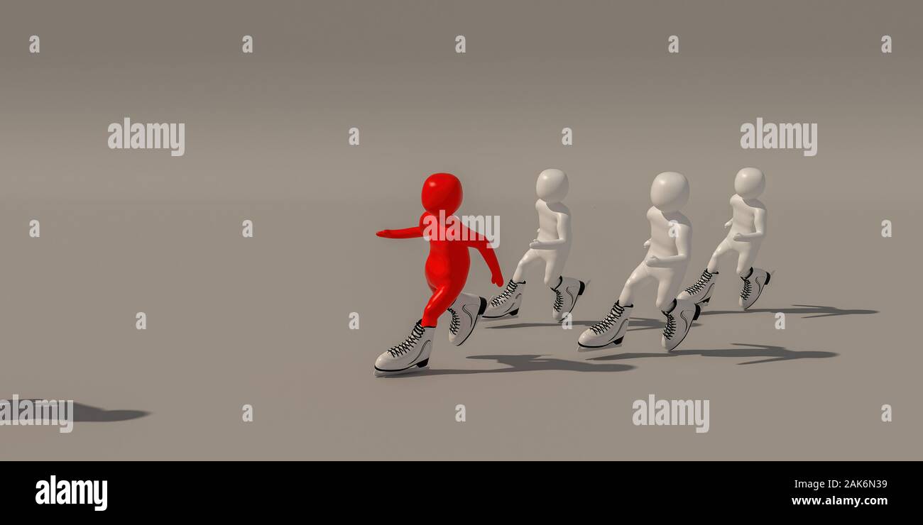 3d illustrator gruppo di pattinaggio sul ghiaccio di simboli su uno sfondo grigio, rendering 3D degli sportivi. Include un percorso di selezione. Foto Stock