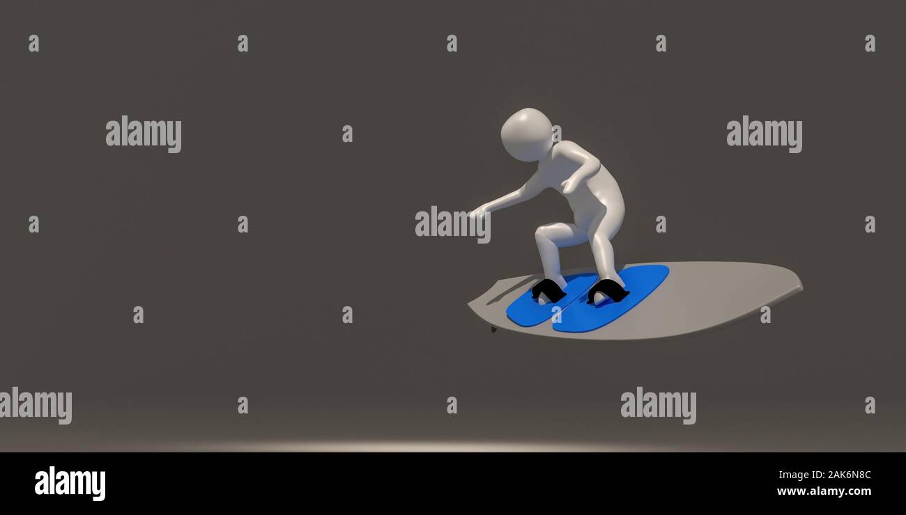 3d illustrator gruppo di simboli surf su uno sfondo grigio, rendering 3D degli sportivi. Include un percorso di selezione. Foto Stock
