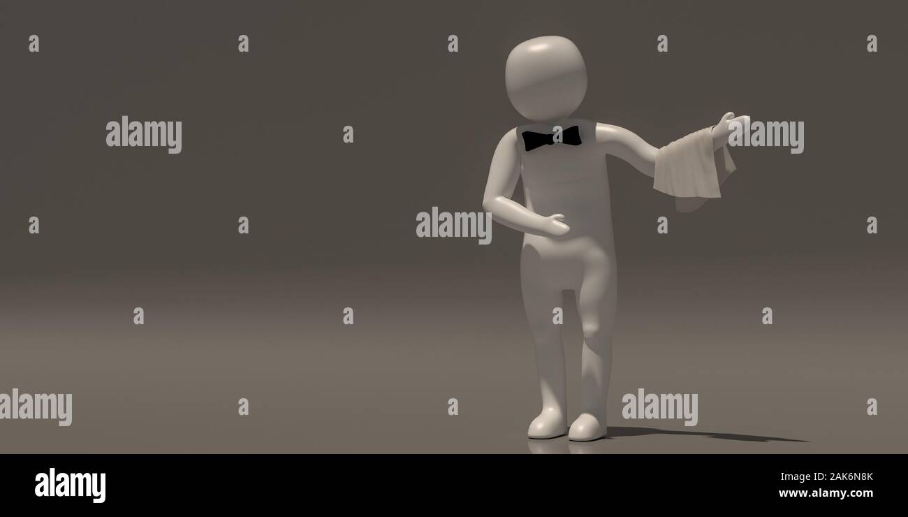 3d illustrator gruppo di simboli di carriera su sfondo grigio, rendering 3d del cameriere al ristorante. Include un percorso di selezione. Foto Stock