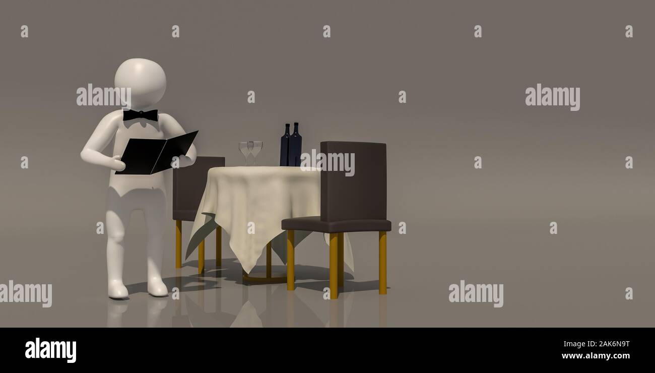 3d illustrator gruppo di simboli di carriera su sfondo grigio, rendering 3d del cameriere al ristorante. Include un percorso di selezione. Foto Stock