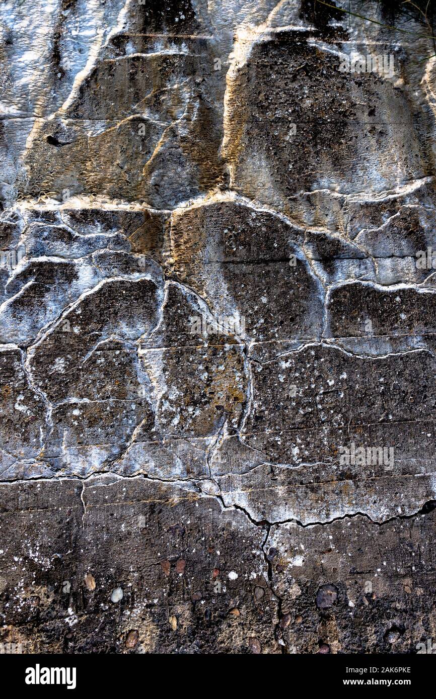 Minerali di lisciviazione su vecchio mare difese a Findhorn sul Moray Coast. Foto Stock