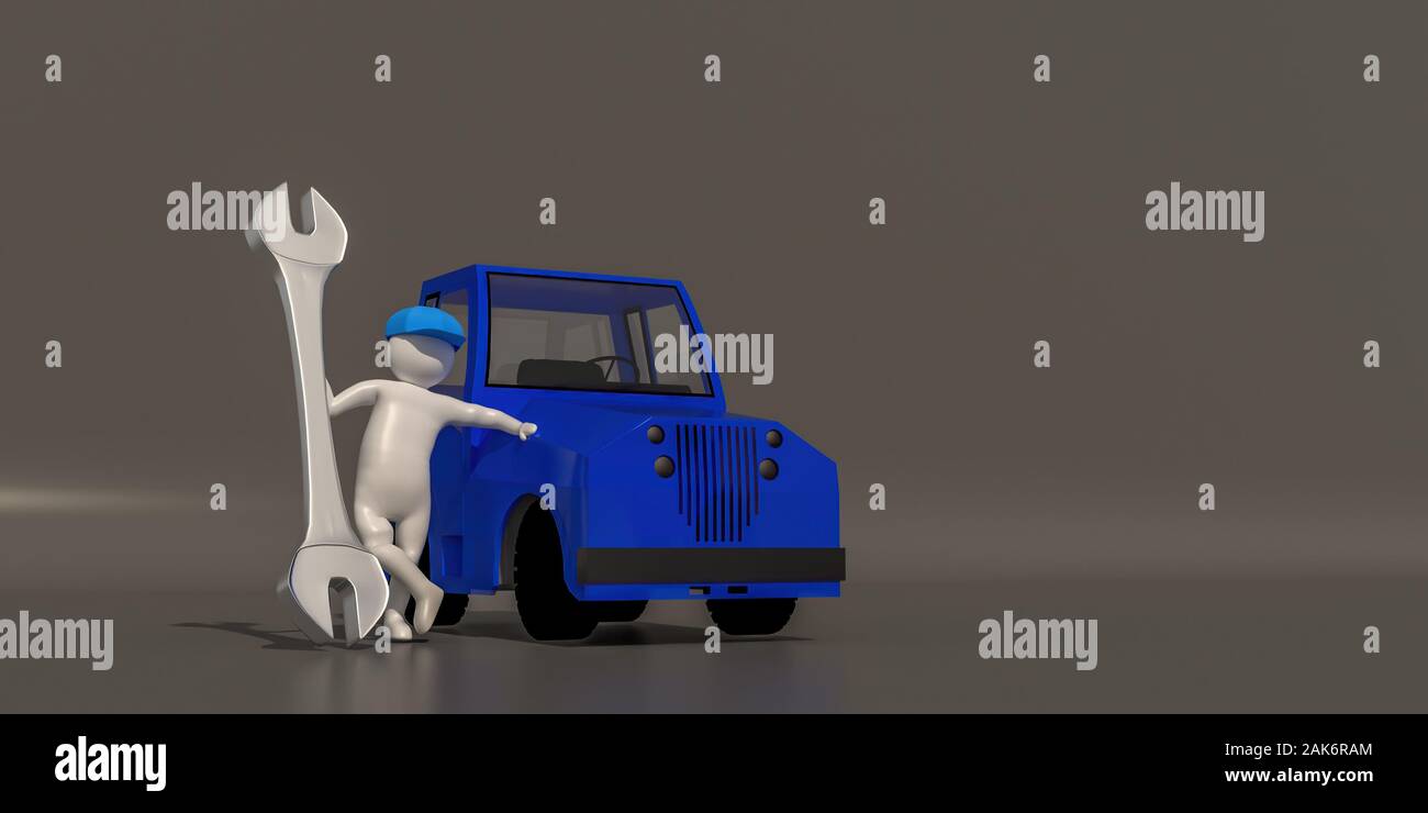 3d illustrator gruppo di carriera i simboli di manutenzione su uno sfondo grigio, rendering 3d del lavoro meccanico. Include un percorso di selezione. Foto Stock