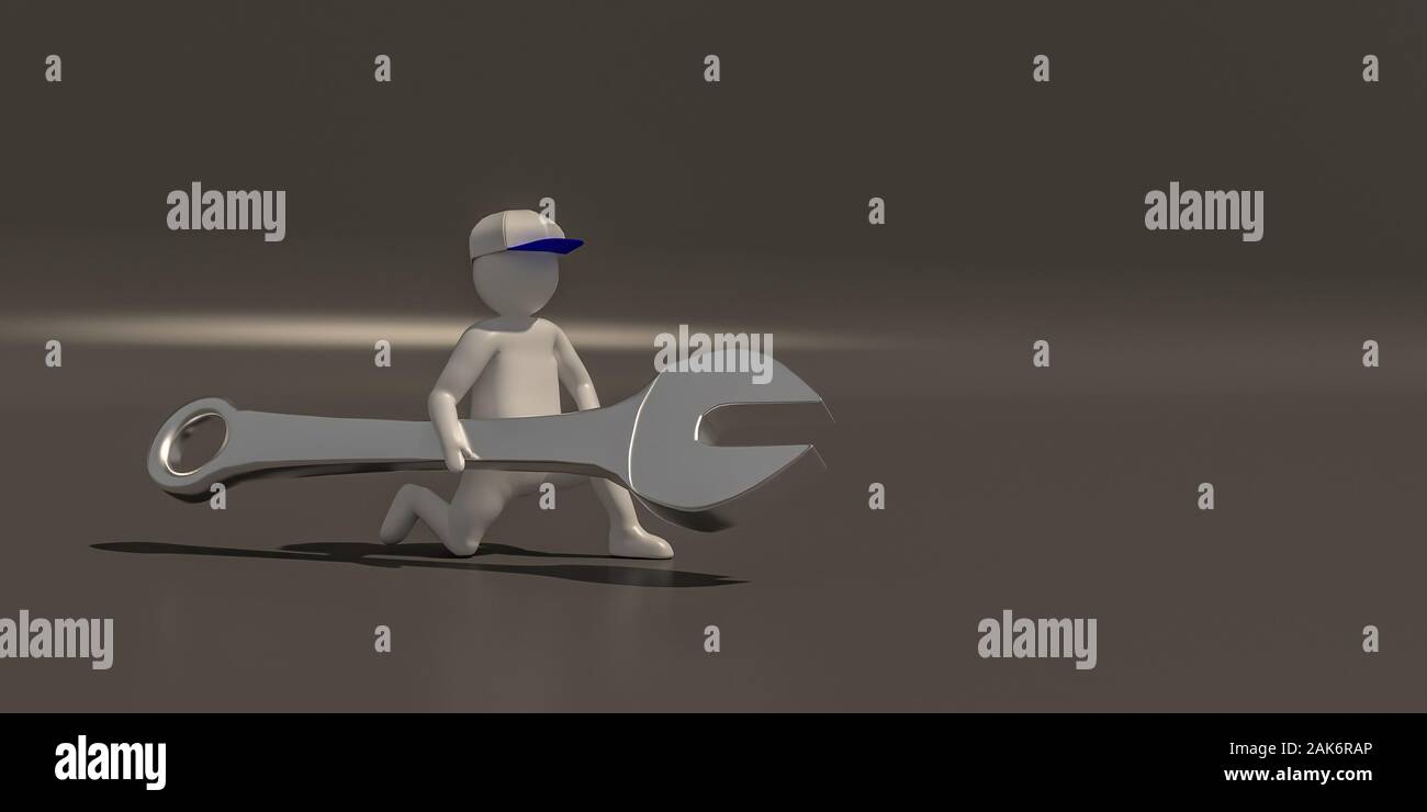 3d illustrator gruppo di carriera i simboli di manutenzione su uno sfondo grigio, rendering 3d del lavoro meccanico. Include un percorso di selezione. Foto Stock