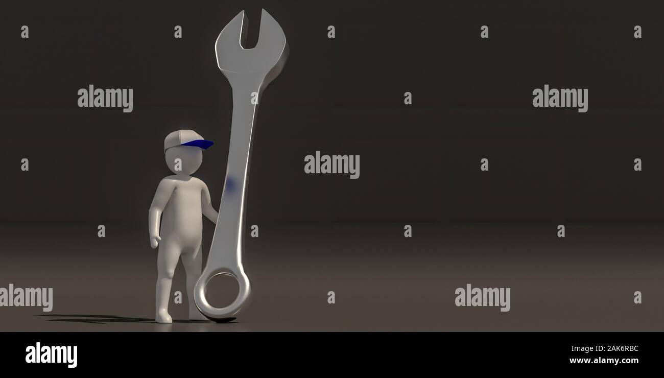 3d illustrator gruppo di carriera i simboli di manutenzione su uno sfondo grigio, rendering 3d del lavoro meccanico. Include un percorso di selezione. Foto Stock