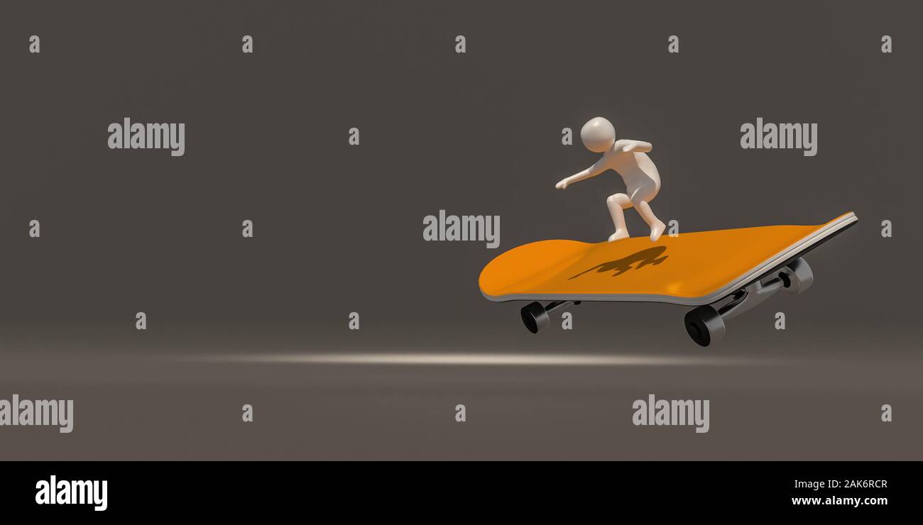 3d illustrator gruppo di simboli skateboard su sfondo grigio, rendering 3D degli sportivi. Include un percorso di selezione. Foto Stock
