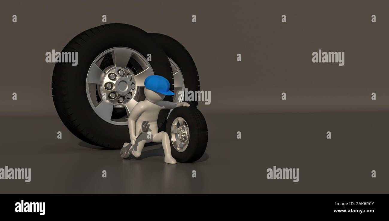 3d illustrator gruppo di carriera i simboli di manutenzione su uno sfondo grigio, rendering 3d del lavoro meccanico. Include un percorso di selezione. Foto Stock