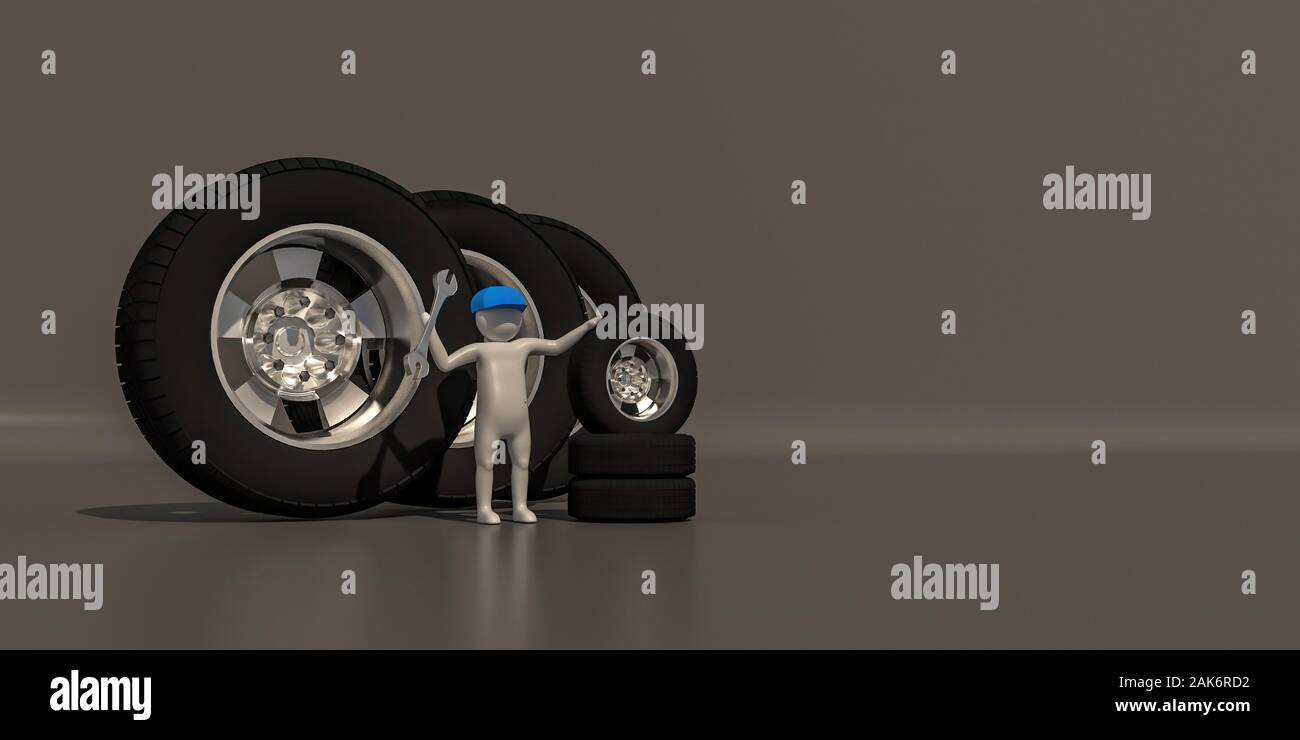 3d illustrator gruppo di carriera i simboli di manutenzione su uno sfondo grigio, rendering 3d del lavoro meccanico. Include un percorso di selezione. Foto Stock