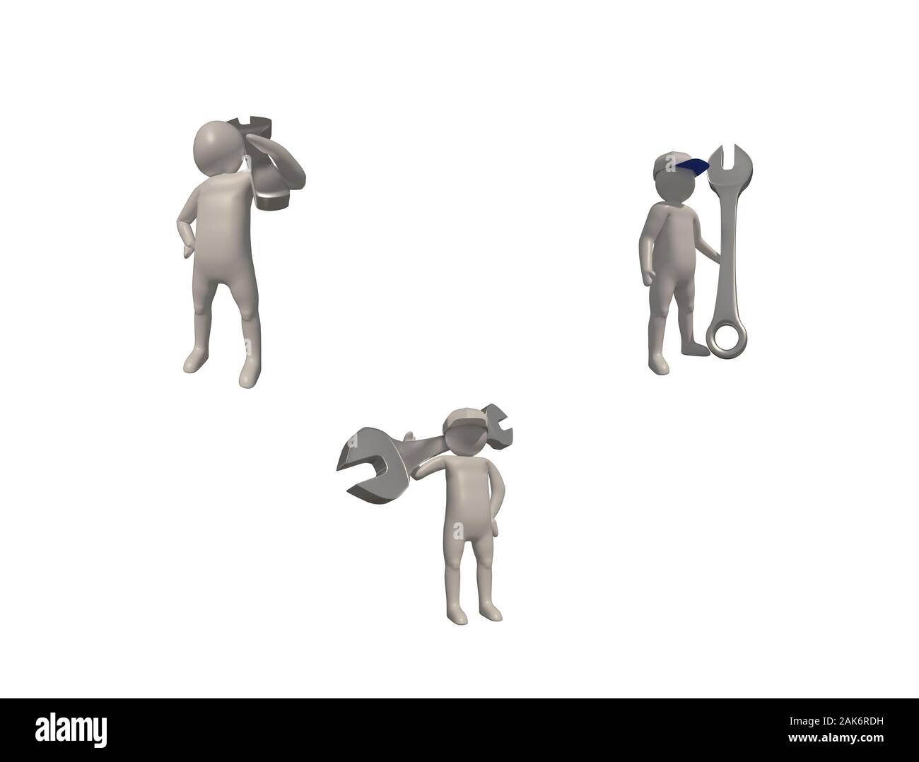 3d illustrator gruppo di carriera i simboli di manutenzione su uno sfondo grigio, rendering 3d del lavoro meccanico. Include un percorso di selezione. Foto Stock