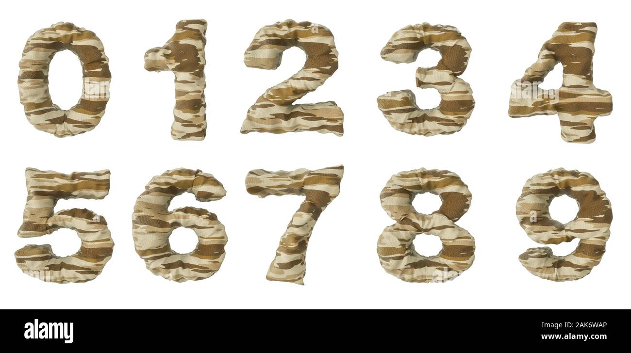 Numeri dell'esercito camouflage, rendering 3D isolato su sfondo bianco - Illustrazione Foto Stock