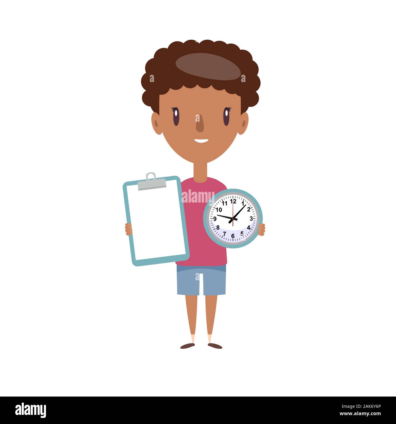 Giovane uomo in pantaloncini e maglietta in piedi, tenendo svuotare appunti e guardare su sfondo bianco. Illustrazione Vettoriale