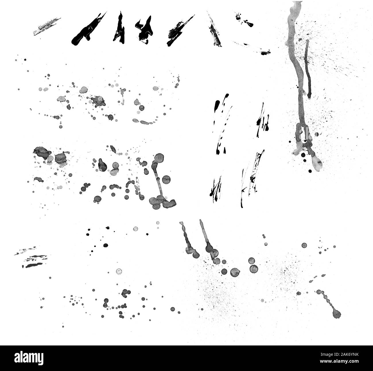Macchie, blobs e schizza su sfondo bianco Foto Stock