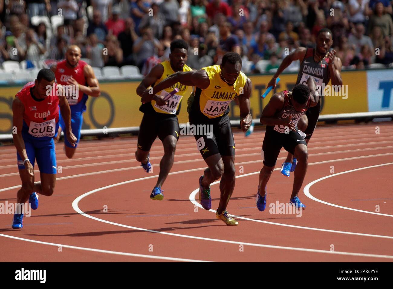 Micheal Campbell e Usain Bolt (Jamaique) durante la seconda riscalda 4x100m uomini relè presso la IAAF mondiale di atletica il 6 agosto, 201st presso lo stadio olimpico di Londra, Gran Bretagna Photo Laurent Lairys / DPPI Foto Stock
