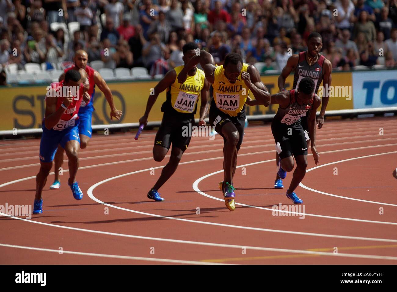 Micheal Campbell e Usain Bolt (Jamaique) durante la seconda riscalda 4x100m uomini relè presso la IAAF mondiale di atletica il 6 agosto, 201st presso lo stadio olimpico di Londra, Gran Bretagna Photo Laurent Lairys / DPPI Foto Stock
