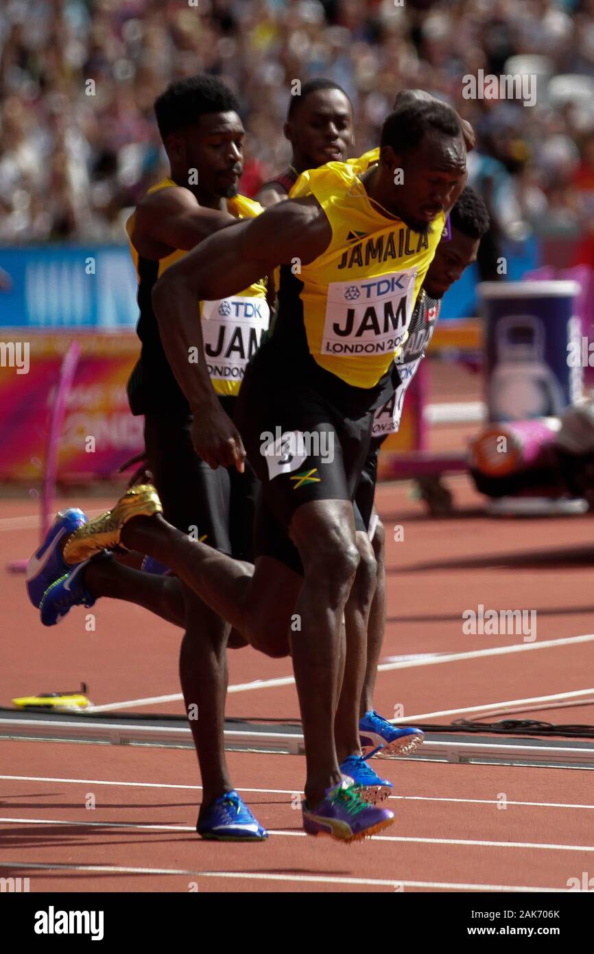 Micheal Campbell e Usain Bolt (Jamaique) durante la seconda riscalda 4x100m uomini relè presso la IAAF mondiale di atletica il 6 agosto, 201st presso lo stadio olimpico di Londra, Gran Bretagna Photo Laurent Lairys / DPPI Foto Stock