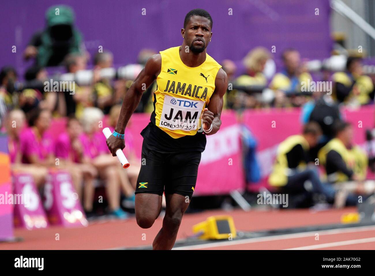 Jamari Rose (Jamaique) durante il primo riscalda 4x400m uomini relè della IAAF mondiale di atletica il 6 agosto, 201st presso lo stadio olimpico di Londra, Gran Bretagna Photo Laurent Lairys / DPPI Foto Stock