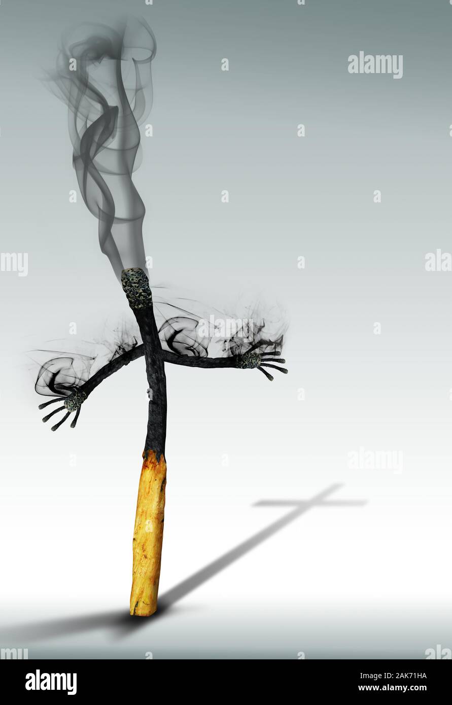 Di legno bruciato corrispondono con le braccia e le mani ricavata dal legno bruciato corrisponde con il fumo nero proveniente al di fuori della testa e bracci su sfondo bianco e croce Foto Stock