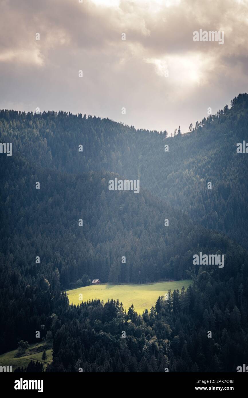 Luce del sole attraverso le nubi sul pascolo alpino sulla Valle Logarska in Kamnik-Savinja Alpi in Slovenia su sunset Foto Stock