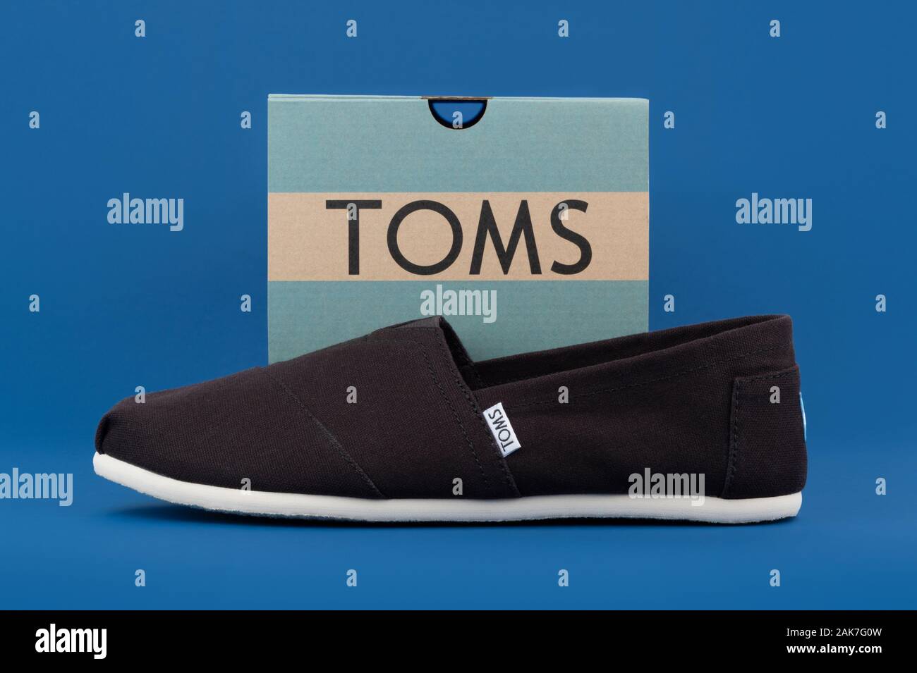 Una coppia di Toms Scarpe dalla società di raccolta di Venezia viene visualizzata da una scatola di scarpe di marca shot su uno sfondo blu. Foto Stock