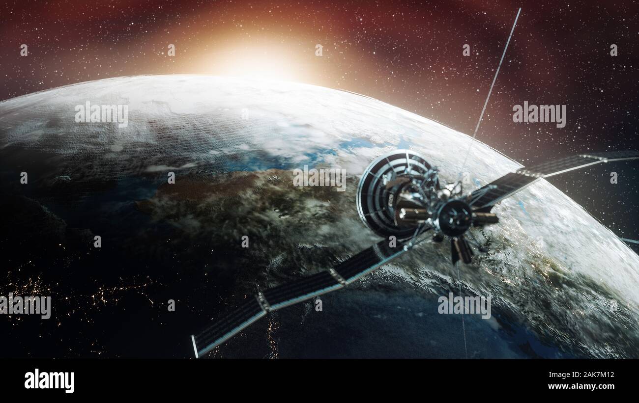 Veicolo spaziale in orbita intorno alla terra a sunrise - 3D illustrazione Foto Stock