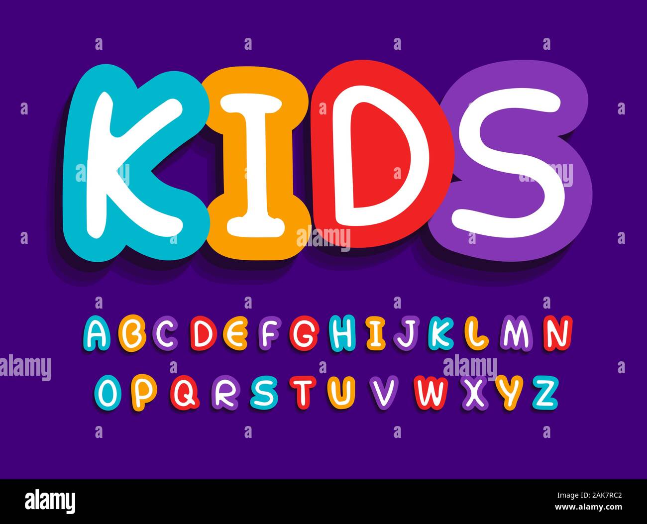 Vettore di bambini lettere set. Funny creative alfabeto luminoso. Font per giocattoli per neonati, bambini compleanno, baby room, kids zone o altre pubblicità cartoon Illustrazione Vettoriale