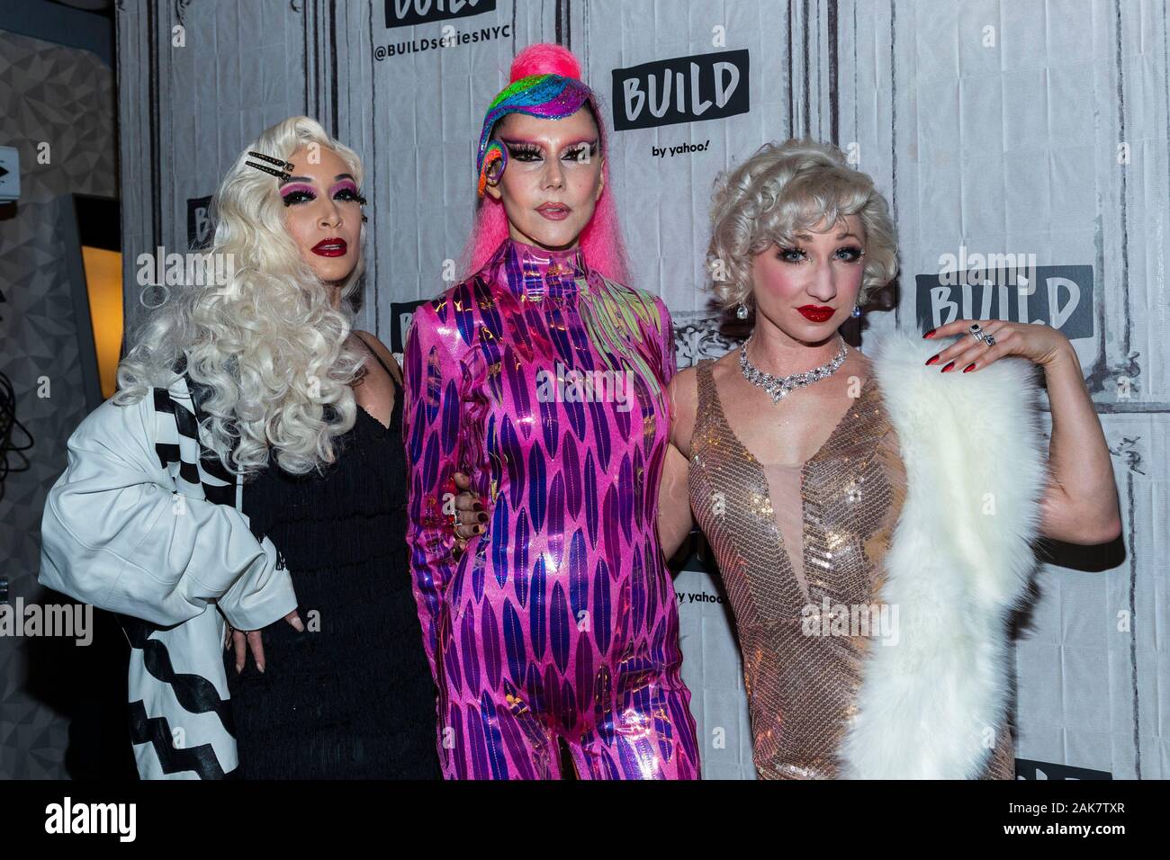 New York, NY, STATI UNITI D'AMERICA. 7 gennaio, 2020. Lola Von Rox, Susanne Bartsch, Marcy Richardson a costruire la serie di altoparlanti: Discutere "Bartschland Follies' cabaret show all'Mckittrick Hotel alla costruzione di Studio. Credito: Steve Mack/Alamy Live News Foto Stock