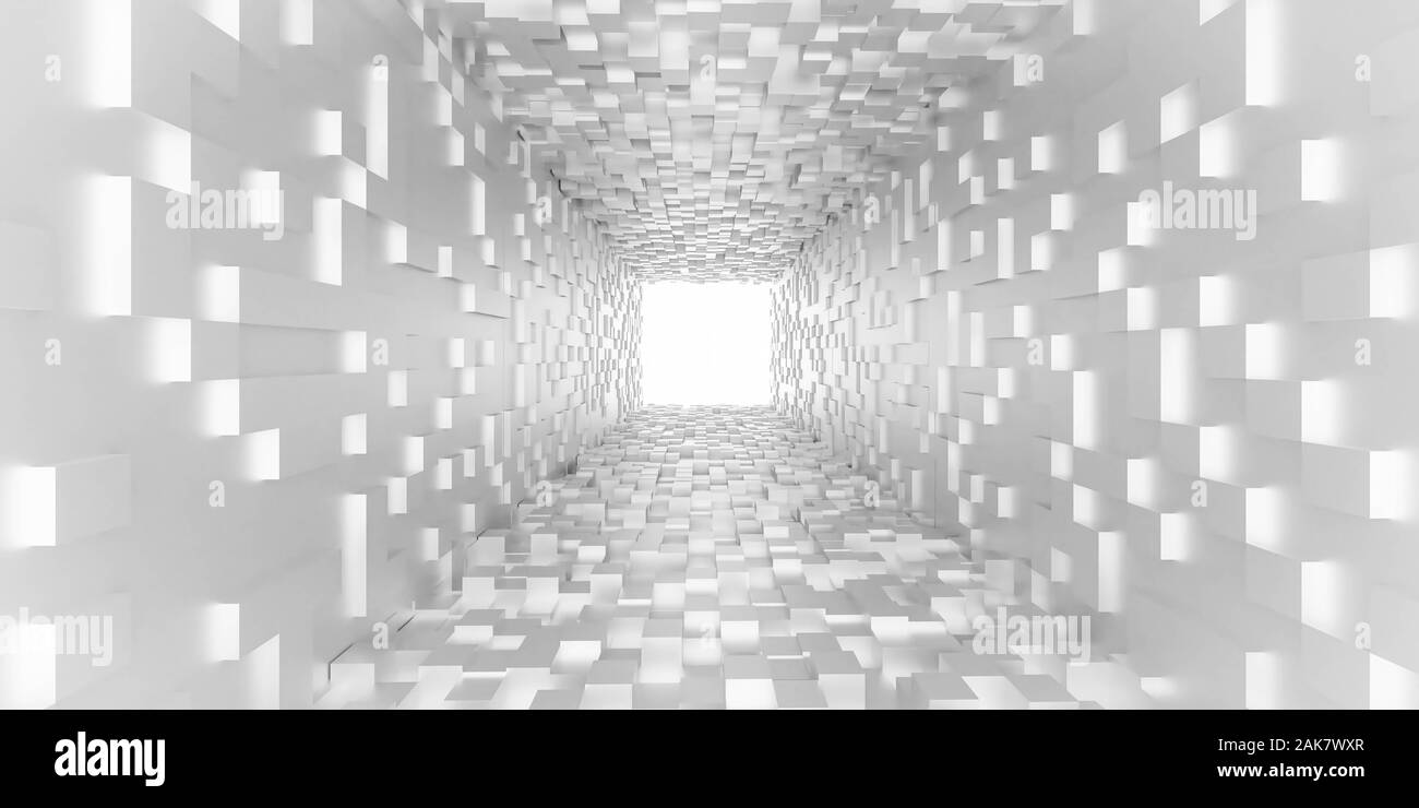 Abstract bianco luce alla fine del tunnel futuristico concetto bianco tunnel di cubetti di 3D render illustrazione Foto Stock