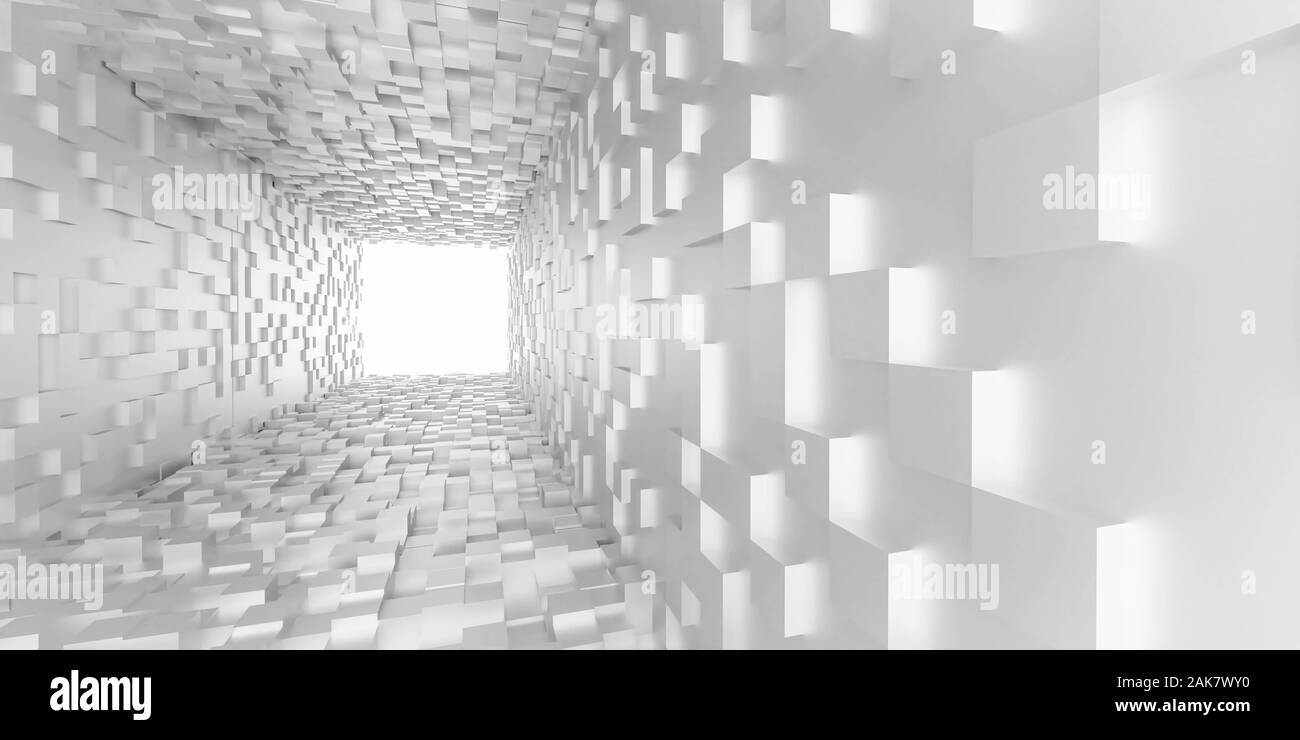 Abstract bianco luce alla fine del tunnel futuristico concetto bianco tunnel di cubetti di 3D render illustrazione Foto Stock